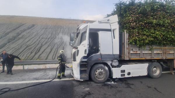 Ağaç yüklü TIR'ın motorunda yangın çıktı