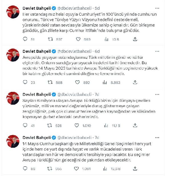 Bahçeli: Avrupa'daki vatandaşlarımızın sandığa yansıyacak iradeleri tarihi önemdedir