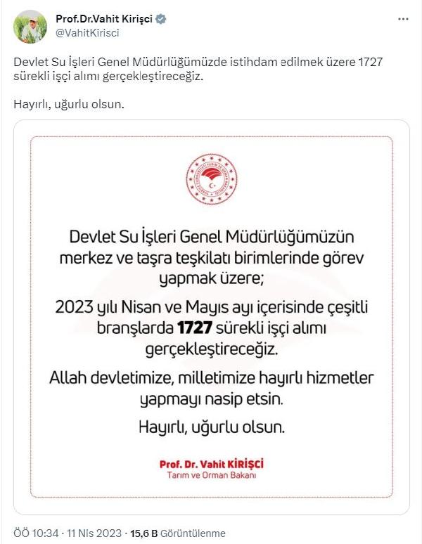 Bakan Kirişci: DSİ'ye 1727 işçi alımı gerçekleştireceğiz