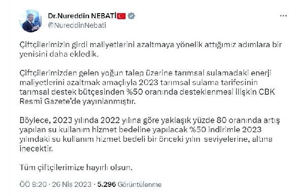 Bakan Nebati: Çiftçilerin su kullanım hizmet bedeli önceki yıl seviyelerine inecek