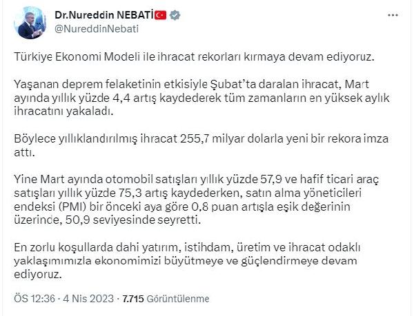 Bakan Nebati: İhracat rekorları kırmaya devam ediyoruz