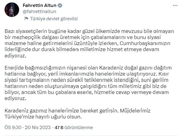 Fahrettin Altun’dan Karadeniz gazı paylaşımı