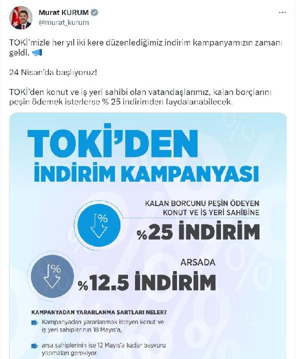 TOKİ'de peşin ödemeye yüzde 25 indirim