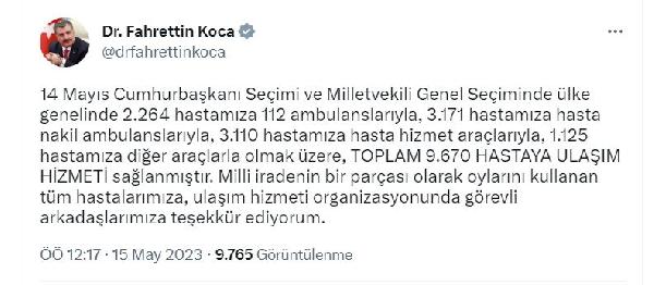 Bakan Koca: Seçimlerde 9 bin 670 hastaya ulaşım hizmeti sağlandı