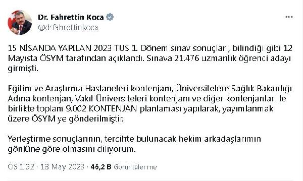 Bakan Koca: TUS'a ilişkin 9 bin 2 kontenjan ÖSYM'ye gönderildi