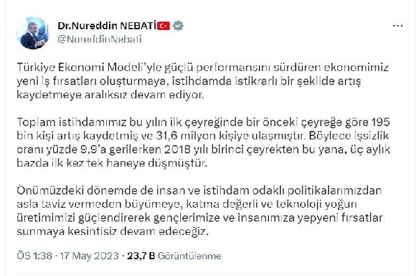 Bakan Nebati: İşsizlik 2018'den bu yana ilk kez tek haneye düştü