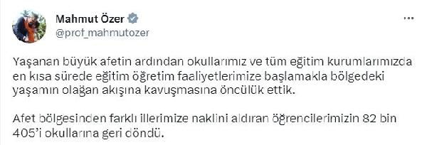 Bakan Özer: 82 bin 405 depremzede öğrenci, okullarına geri döndü