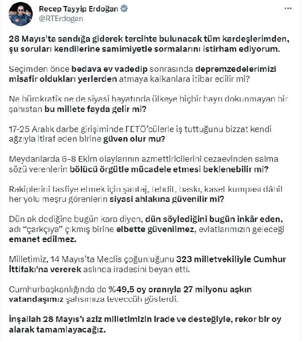 Cumhurbaşkanı Erdoğan: 28 Mayıs'ı rekor bir oy alarak tamamlayacağız