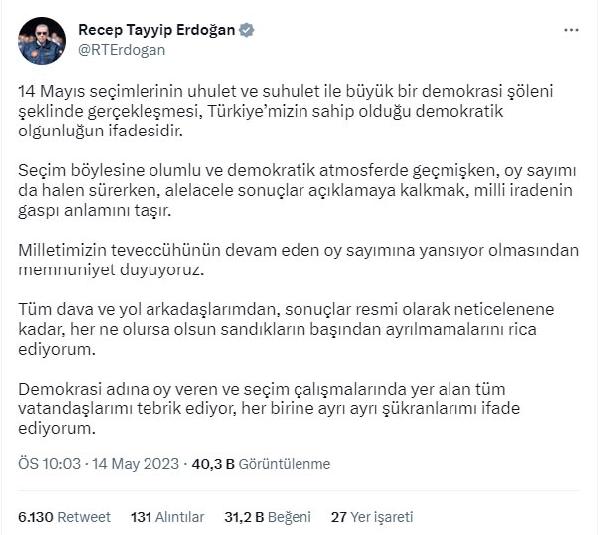 Cumhurbaşkanı Erdoğan: Oy sayımı sürerken sonuç açıklamak milli iradenin gaspıdır