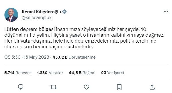 Kılıçdaroğlu: Depremzedelerimiz tercihi ne olursa olsun başımın üstündedir