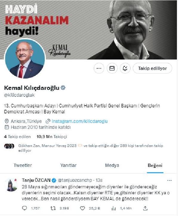 Kılıçdaroğlu, Tanju Özcan'ın 'sığınmacı' paylaşımını beğendi