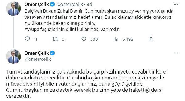 Ömer Çelik: Belçikalı Bakan Zuhal Demir'in açıklamalarını kınıyoruz