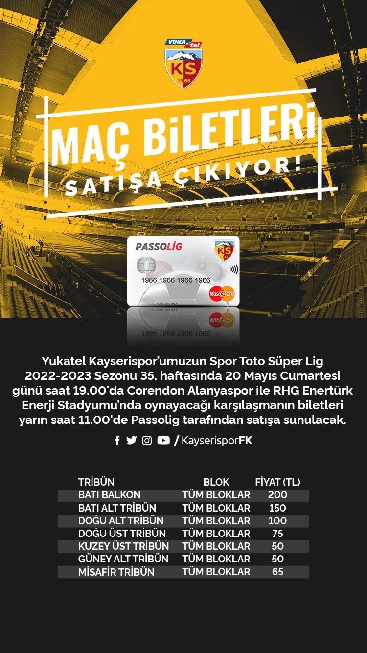 Kayserispor - Alanyaspor maç biletleri satışa çıktı