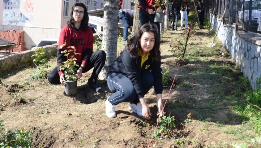 Mezun olan Simav Fen Lisesi öğrencileri okullarına birer gül dikerek veda ettiler