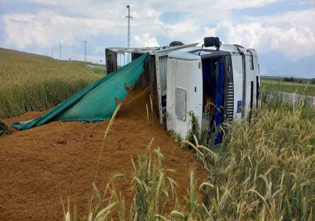 Afyonkarahisarda haşhaş küspesi dolu kamyon devrildi