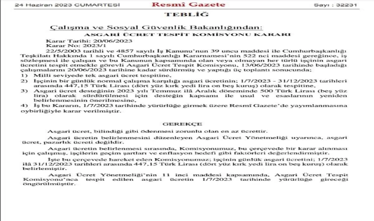 Asgari Ücret Tespit Komisyonu Kararı Resmi Gazete’de