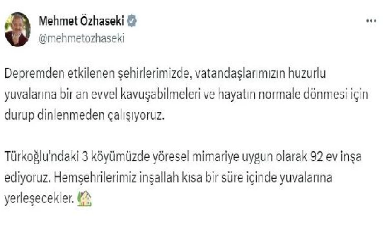 Bakan Özhaseki: Türkoğlu’nda yöresel mimariye uygun 92 ev inşa ediyoruz