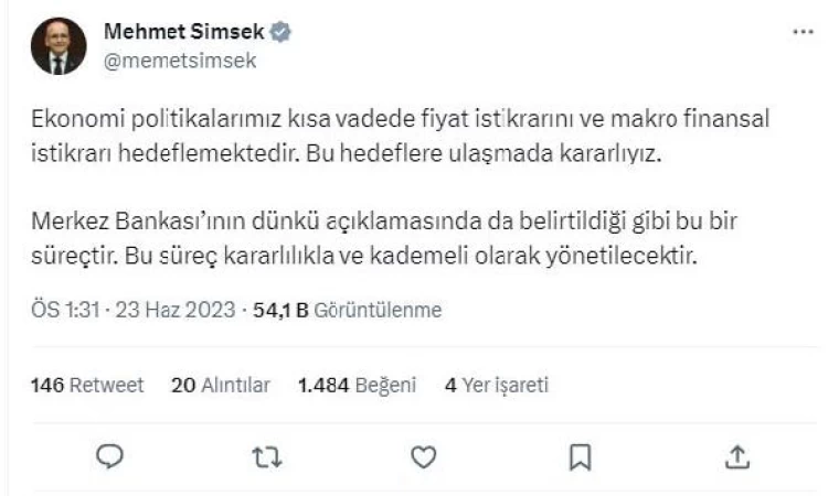 Bakan Şimşek: Fiyat istikrarına giden yol kademeli olacaktır