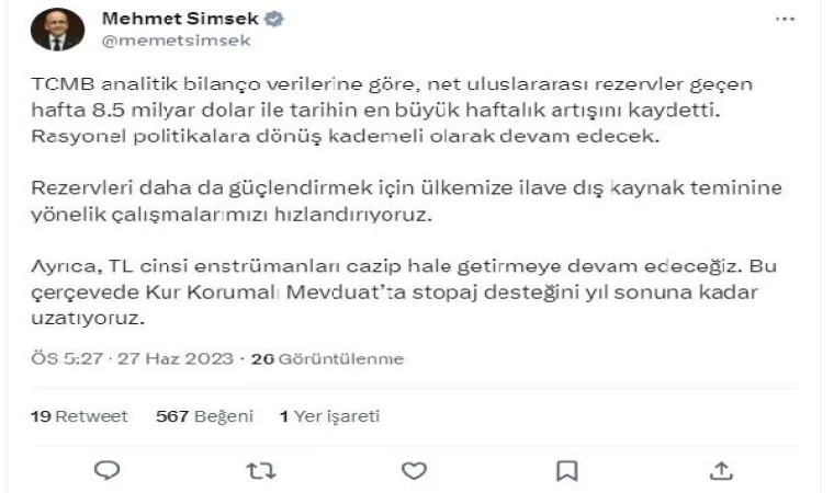 Bakan Şimşek: Uluslararası rezervler tarihin en büyük haftalık artışını kaydetti