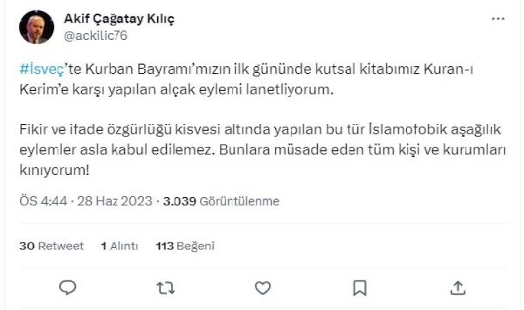 Cumhurbaşkanı Erdoğan’ın başdanışmanı Kılıç’tan, İsveç’te Kuran-ı Kerim yakılmasına tepki