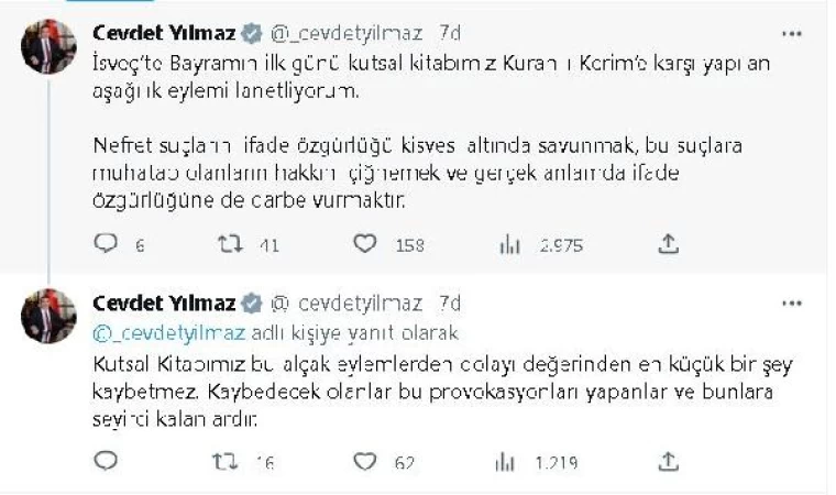 Cumhurbaşkanı Yardımcısı Yılmaz’dan, İsveç’te Kur’an-ı Kerim yakma provokasyonuna tepki