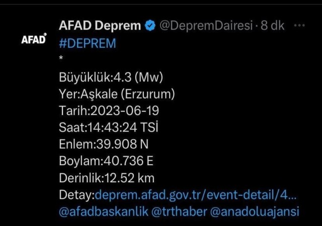 Erzurumda 4,3 büyüklüğünde deprem