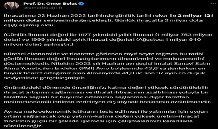 Günlük ihracat 2 milyar 121 milyon dolar ile rekor tazeledi