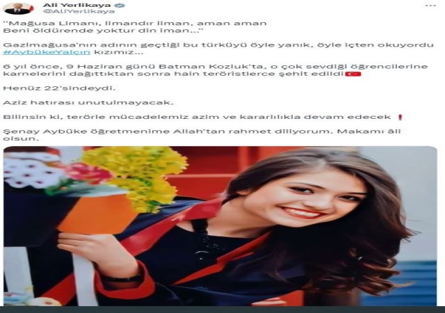 İçişleri Bakanı Yerlikaya şehit öğretmen Aybüke Yalçını andı