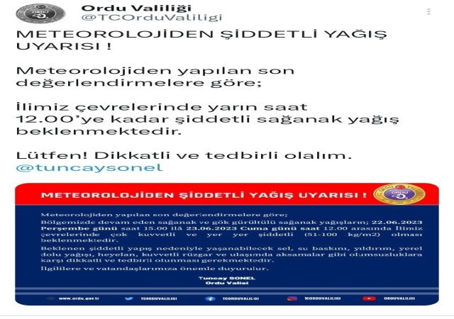 Ordu için çok kuvvetli ve şiddetli sağanak uyarısı