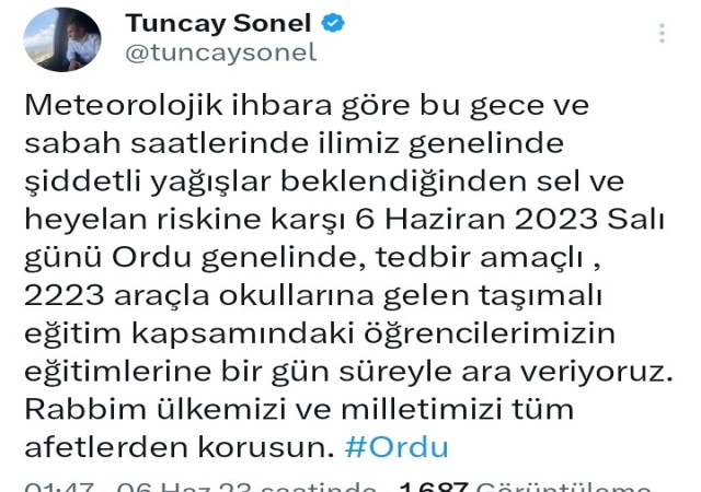 Orduda sel tehlikesi nedeniyle taşımalı sistem eğitime 1 gün ara verildi