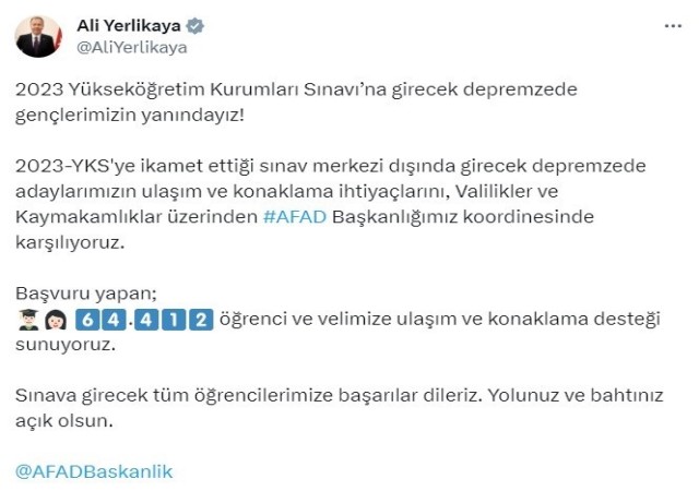 YKSye girecek depremzedelerin ulaşım ve konaklama ihtiyaçlarını AFAD karşılayacak