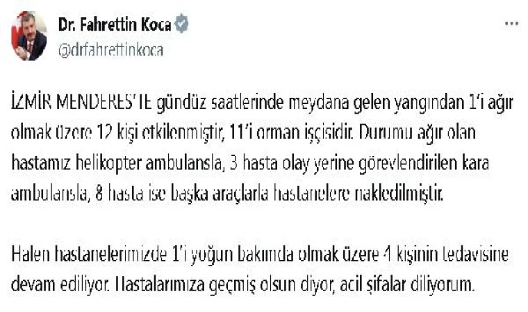 Bakan Koca: İzmir Menderes’teki yangında 1’i ağır 12 kişi etkilendi