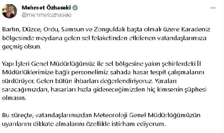 Bakan Özhaseki: Sel bölgesinde hasarları hızla gidereceğiz