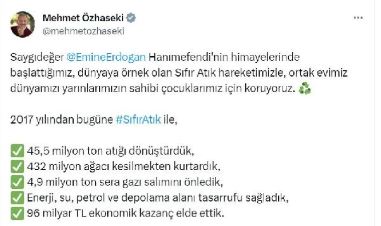 Bakan Özhaseki: Sıfır Atık ile 96 milyar TL ekonomik kazanç sağladık