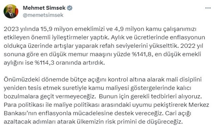 Bakan Şimşek: “Mali disiplini yeniden tesis etmek suretiyle kamu maliyesi göstergelerinde kalıcı bozulmalara geçit vermeyeceğiz”