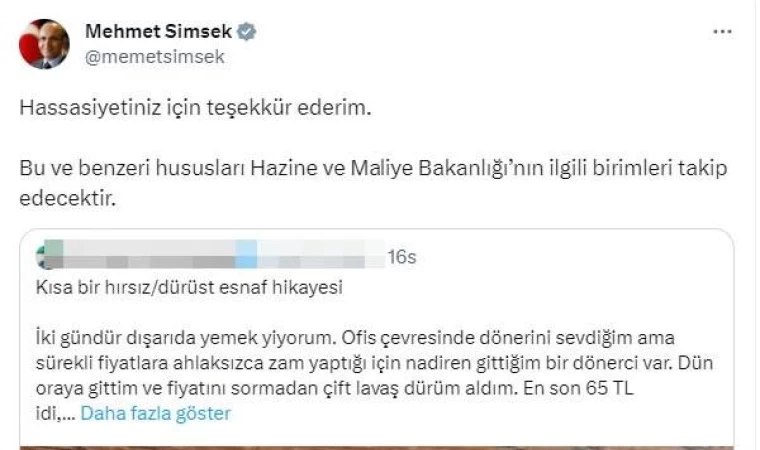 Bakan Şimşek’ten duyarlı tüketiciye teşekkür