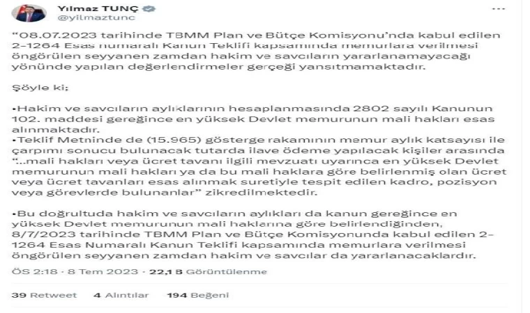 Bakan Tunç: Seyyanen zamdan hakim ve savcılar da yararlanacak