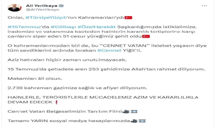 Bakan Yerlikaya, ’Cennet Vatan’ belgeselini paylaştı