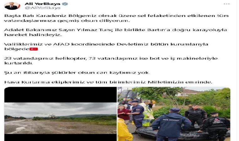 Bakan Yerlikaya ve Bakan Tunç sel felaketinin yaşandığı Bartın’a gidiyor