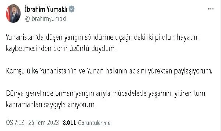 Bakan Yumaklı: Yunanistan’da iki pilotun hayatını kaybetmesinden derin üzüntü duydum