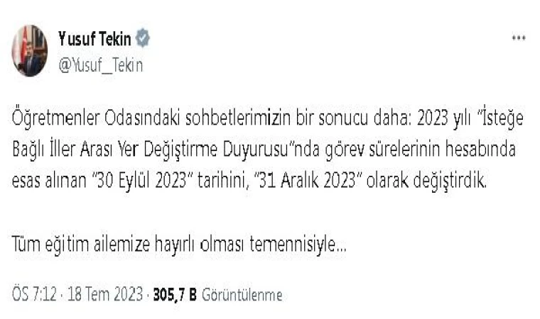 Bakan Tekin’den Öğretmenler için isteğe bağlı yer değiştirme görev süresinde değişiklik açıklaması