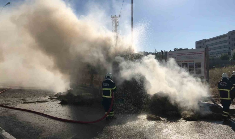 Bilecikte saman yüklü kamyon alev aldı