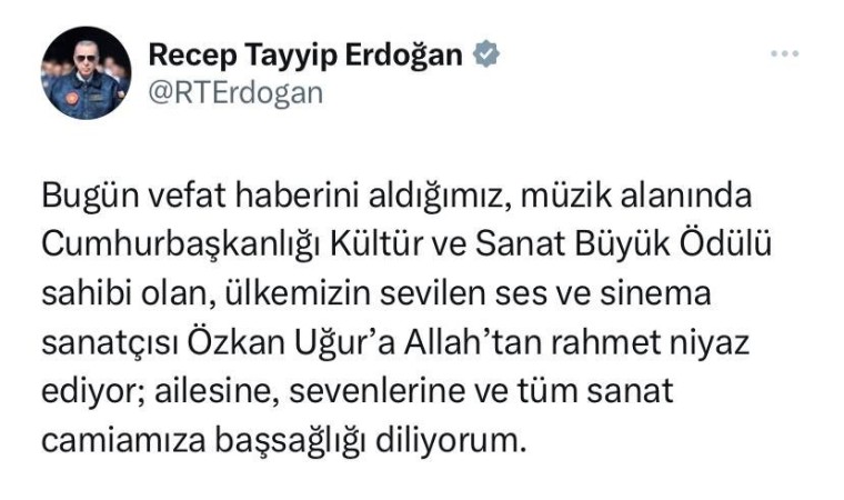 Cumhurbaşkanı Erdoğandan Özkan Uğur için başsağlığı mesajı