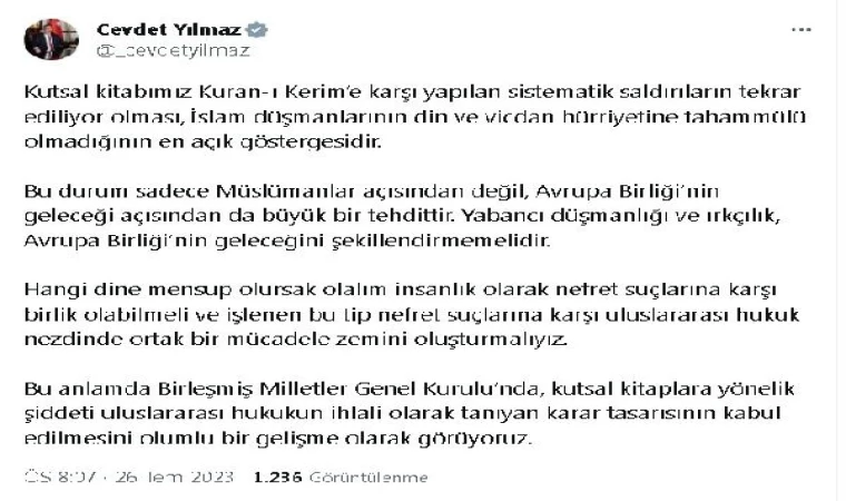 Cumhurbaşkanı Yardımcısı Yılmaz’dan Kur’an-ı Kerim’e yapılan saldırılara tepki