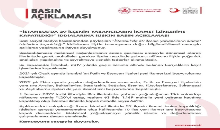 Göç İdaresi Başkanlığı: 39 ilçenin yabancılara kapatıldığı iddiaları gerçeği yansıtmıyor