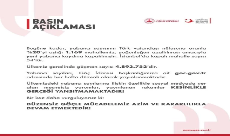 Göç İdaresi Başkanlığı: Ülkemiz genelinde göçmen sayısı 4 milyon 893 bin 752’dir