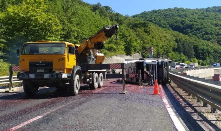 Kiraz yüklü kamyon devrildi, tonlarca meyve yola saçıldı