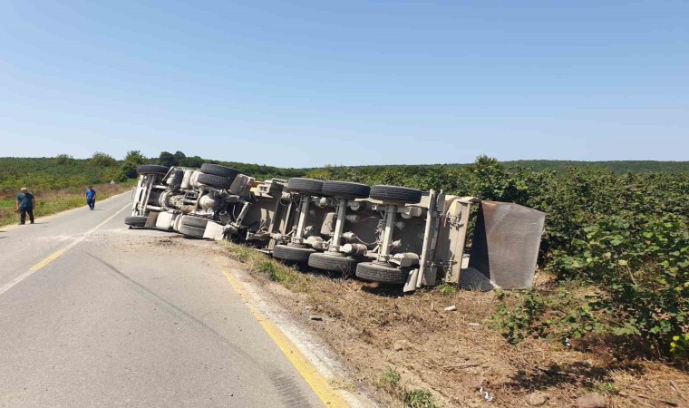 Kontrolden çıkan kamyon devrildi, sürücüsü yaralandı