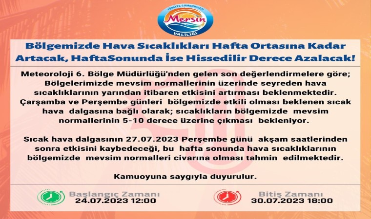 Mersin Valiliğinden sıcak hava uyarısı