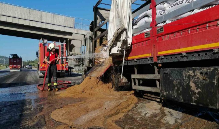 Mersinde yem yüklü tır yandı